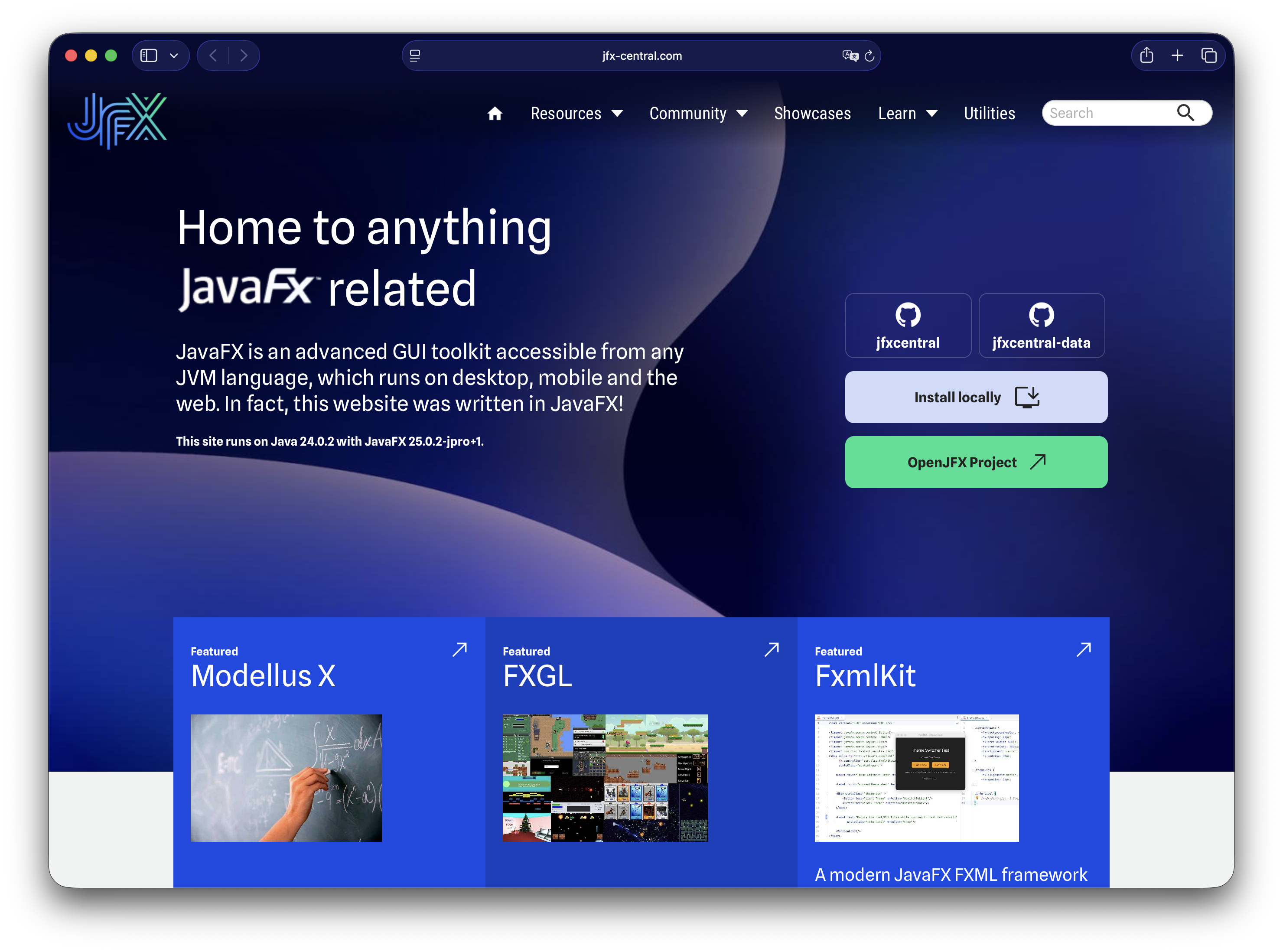 Screenshot of the JFXCentral website